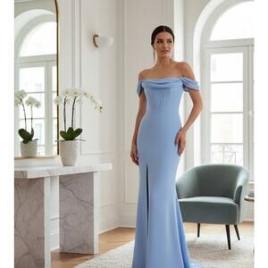 Dress the Population Gown Small NWT – Light Blue Off‑Shoulder Evening Dress